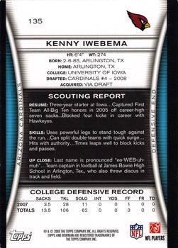 2008 Bowman #135 Kenny Iwebema Back