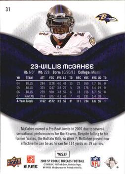 2008 SP Rookie Threads #31 Willis McGahee Back