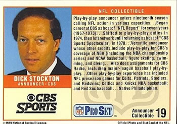 1989 Pro Set - Announcer Collectibles #19 Dick Stockton Back