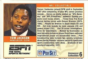 1989 Pro Set - Announcer Collectibles #6 Tom Jackson Back