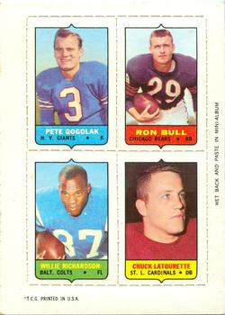1969 Topps - Four-in-One #NNO Pete Gogolak / Ronnie Bull / Willie Richardson / Chuck Latourette Front