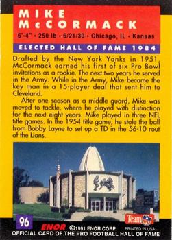 1991 Enor Pro Football HOF #96 Mike McCormack Back