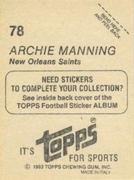1982 Topps Stickers #78 Archie Manning Back