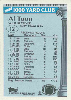1987 Topps - 1000 Yard Club #12 Al Toon Back