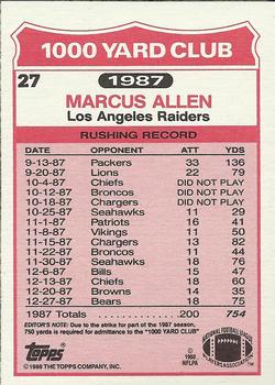 1988 Topps - 1000 Yard Club #27 Marcus Allen Back