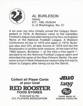 1981 Red Rooster Calgary Stampeders #NNO Al Burleson Back