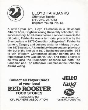 1981 Red Rooster Calgary Stampeders #NNO Lloyd Fairbanks Back