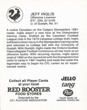 1981 Red Rooster Calgary Stampeders #NNO Jeff Inglis Back