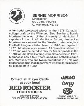 1981 Red Rooster Calgary Stampeders #NNO Bernie Morrison Back