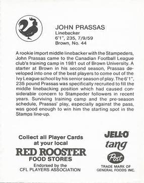 1981 Red Rooster Calgary Stampeders #NNO John Prassas Back