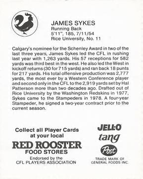 1981 Red Rooster Calgary Stampeders #NNO James Sykes Back