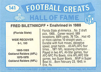 1988 Swell Greats #141 Fred Biletnikoff Back