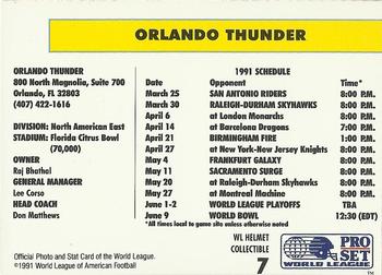 1991 Pro Set - WL Helmet Collectibles (WLAF Helmets) #7 Orlando Thunder Back