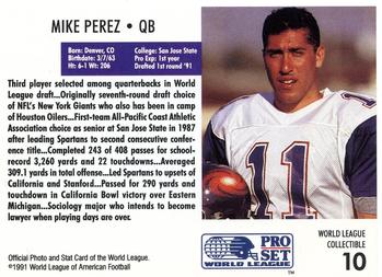 1991 Pro Set - World League Collectibles (WLAF Inserts) #10 Mike Perez Back
