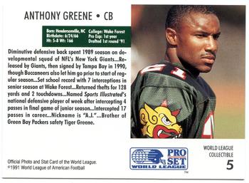 1991 Pro Set - World League Collectibles (WLAF Inserts) #5 Anthony Greene Back