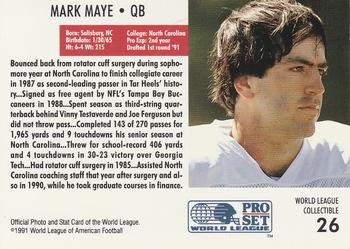 1991 Pro Set - World League Collectibles (WLAF Inserts) #26 Mark Maye Back