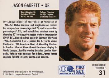 1991 Pro Set - World League Collectibles (WLAF Inserts) #31 Jason Garrett Back