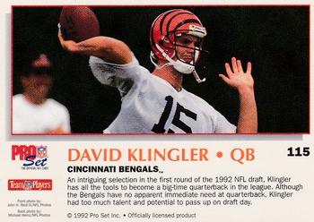 1992 Pro Set Power #115 David Klingler Back