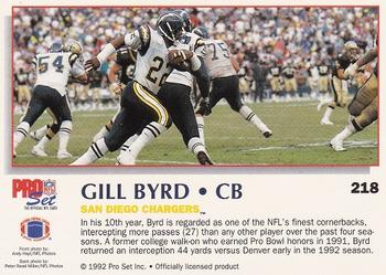 1992 Pro Set Power #218 Gill Byrd Back