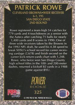 1992 Pro Set Power #325 Patrick Rowe Back