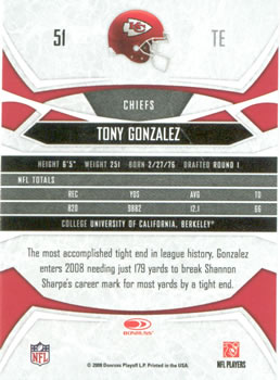 2008 Donruss Gridiron Gear #51 Tony Gonzalez Back