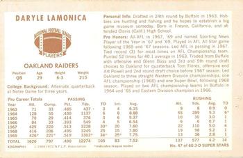 1970 Kellogg's #47 Daryle Lamonica Back