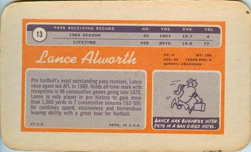 1970 Topps Super #13 Lance Alworth  Back