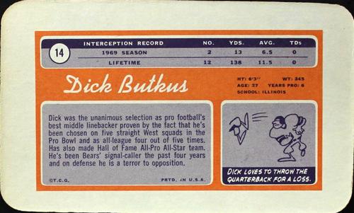 1970 Topps Super #14 Dick Butkus  Back