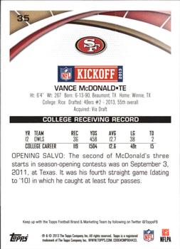 2013 Topps Kickoff #35 Vance McDonald Back