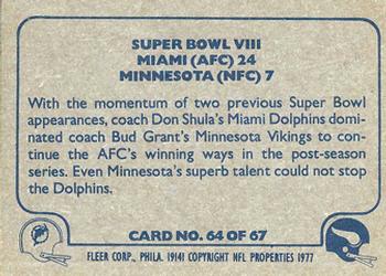 1977 Fleer Team Action #64 Super Bowl VIII Back