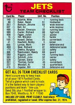 1974 Topps - Team Checklists #NNO New York Jets Front