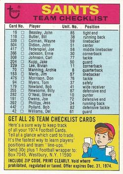 1974 Topps - Team Checklists #NNO New Orleans Saints Front