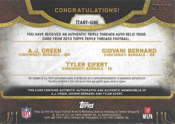 2013 Topps Triple Threads - Autographed Relic Trios #TTART-GBE A.J. Green / Giovani Bernard / Tyler Eifert Back