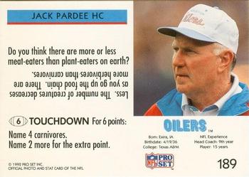 1992 Pro Set FACT Mobil #189 Jack Pardee Back