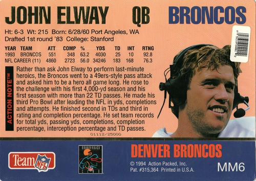 1994 Action Packed - Mammoth 7x10 #MM6 John Elway Back