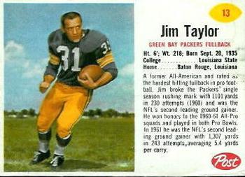 1962 Post Cereal #13 Jim Taylor Front