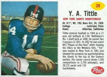 1962 Post Cereal #29 Y.A. Tittle Front