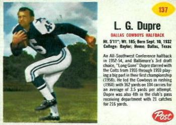 1962 Post Cereal #137 L.G. Dupre Front