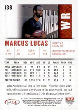 2014 SAGE HIT #138 Marcus Lucas Back
