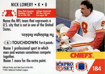 1991 Pro Set FACT Mobil #184 Nick Lowery Back