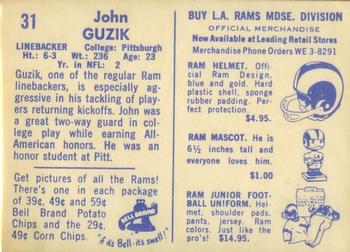 1960 Bell Brand Los Angeles Rams #31 John Guzik Back