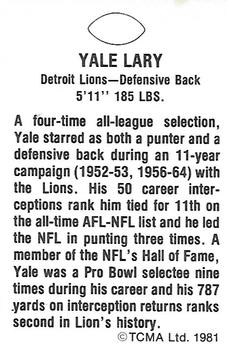 1981 TCMA Greats #NNO Yale Lary Back