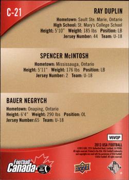 2013 Upper Deck USA Football - Team Canada #C-21 Ray Duplin / Spencer McIntosh / Bauer Negrych Back
