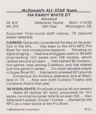 1986 McDonald's All-Star Team #NNO Randy White Back