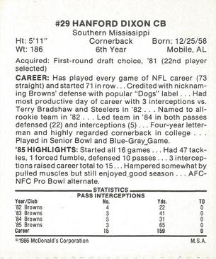 1986 McDonald's Cleveland Browns #NNO Hanford Dixon Back