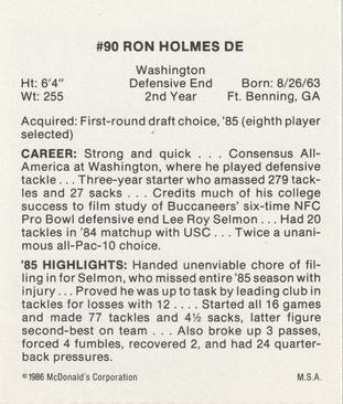 1986 McDonald's Tampa Bay Buccaneers #NNO Ron Holmes Back