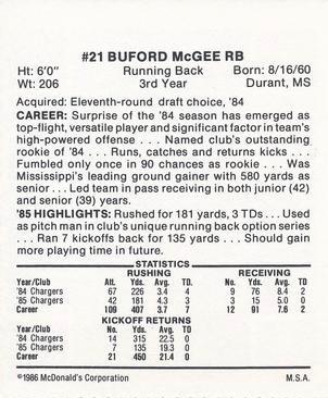 1986 McDonald's San Diego Chargers #NNO Buford McGee Back