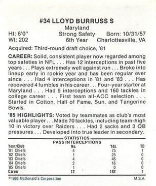 1986 McDonald's Kansas City Chiefs #NNO Lloyd Burruss Back