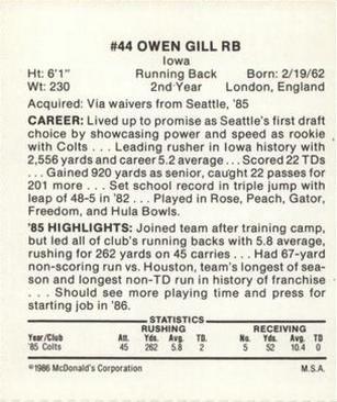 1986 McDonald's Indianapolis Colts #NNO Owen Gill Back