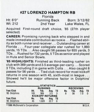 1986 McDonald's Miami Dolphins #NNO Lorenzo Hampton Back